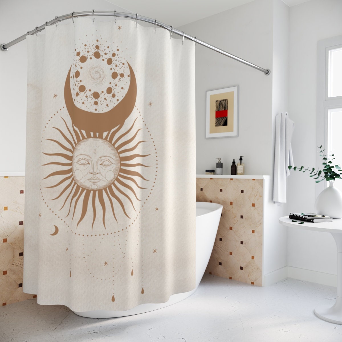 Moon Sun & Stars Black and White Decorative Shower Curtain