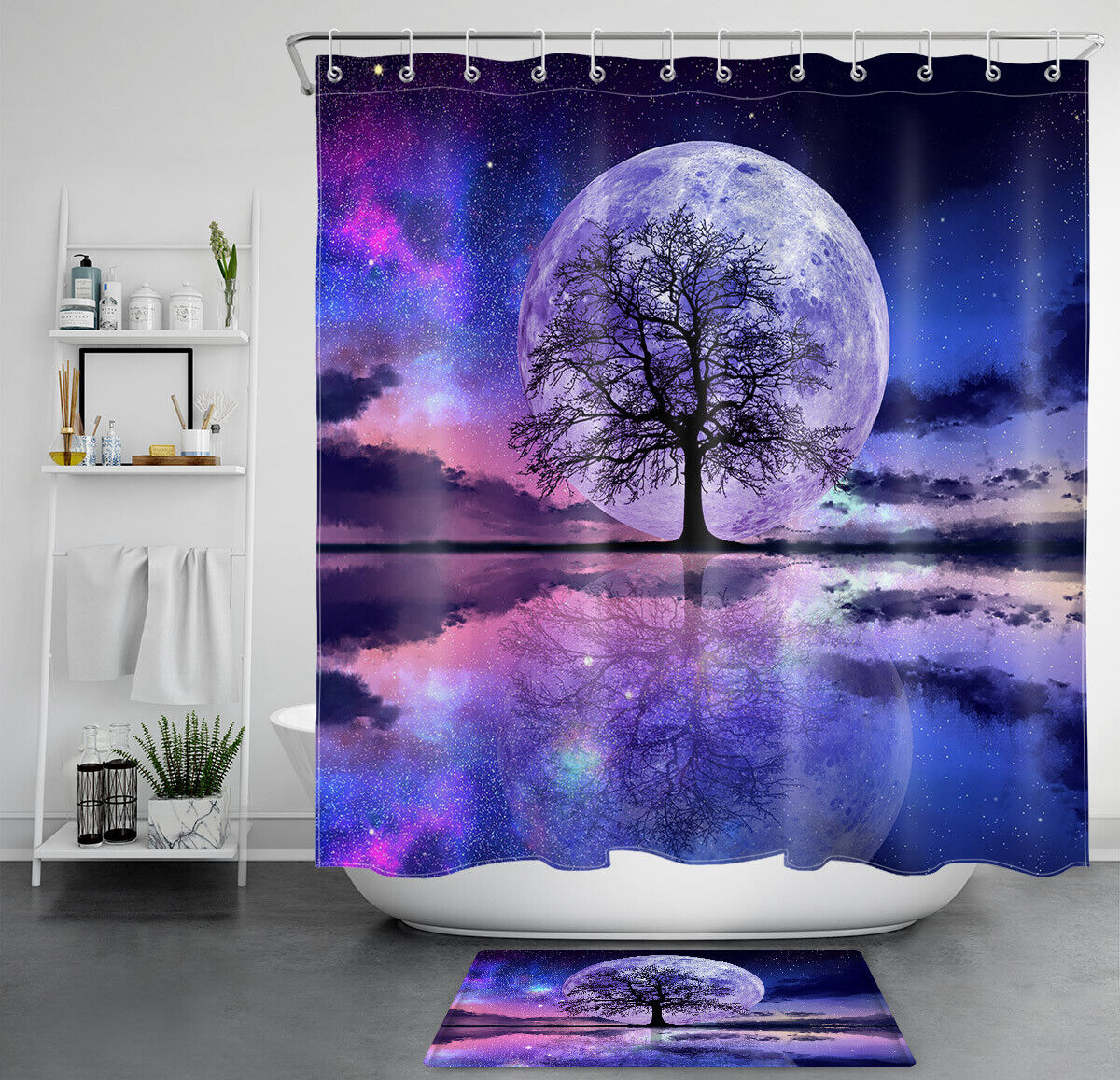 Moon Tree Shower Curtain - Fantasy Night Sky Bathroom Accessory