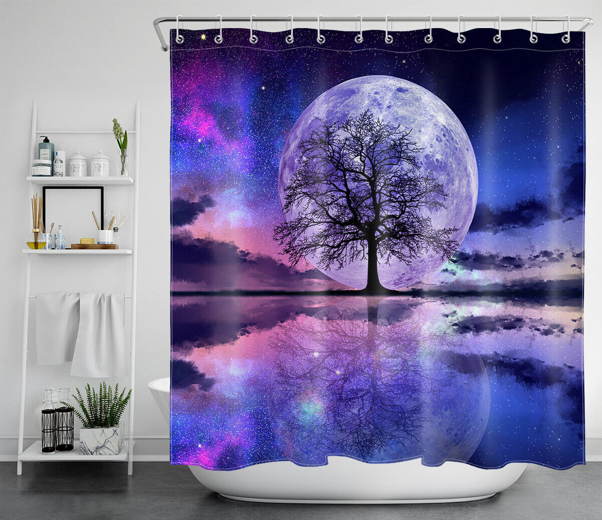 Moon Tree Shower Curtain - Fantasy Night Sky Bathroom Accessory - Image 2