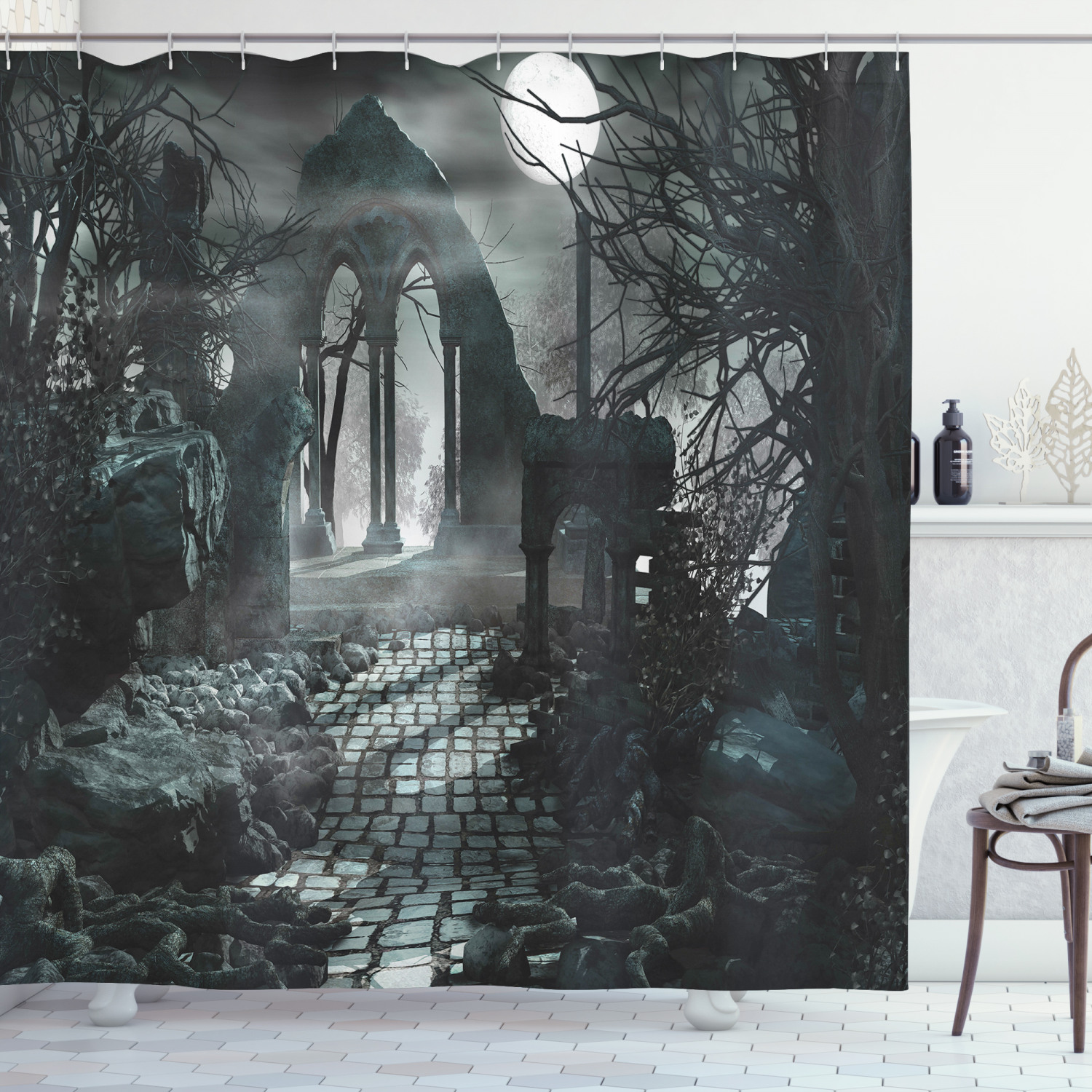 Moon View In Scary Dark Gothic Shower Curtain Gothic Home Decoration With Scary Design
