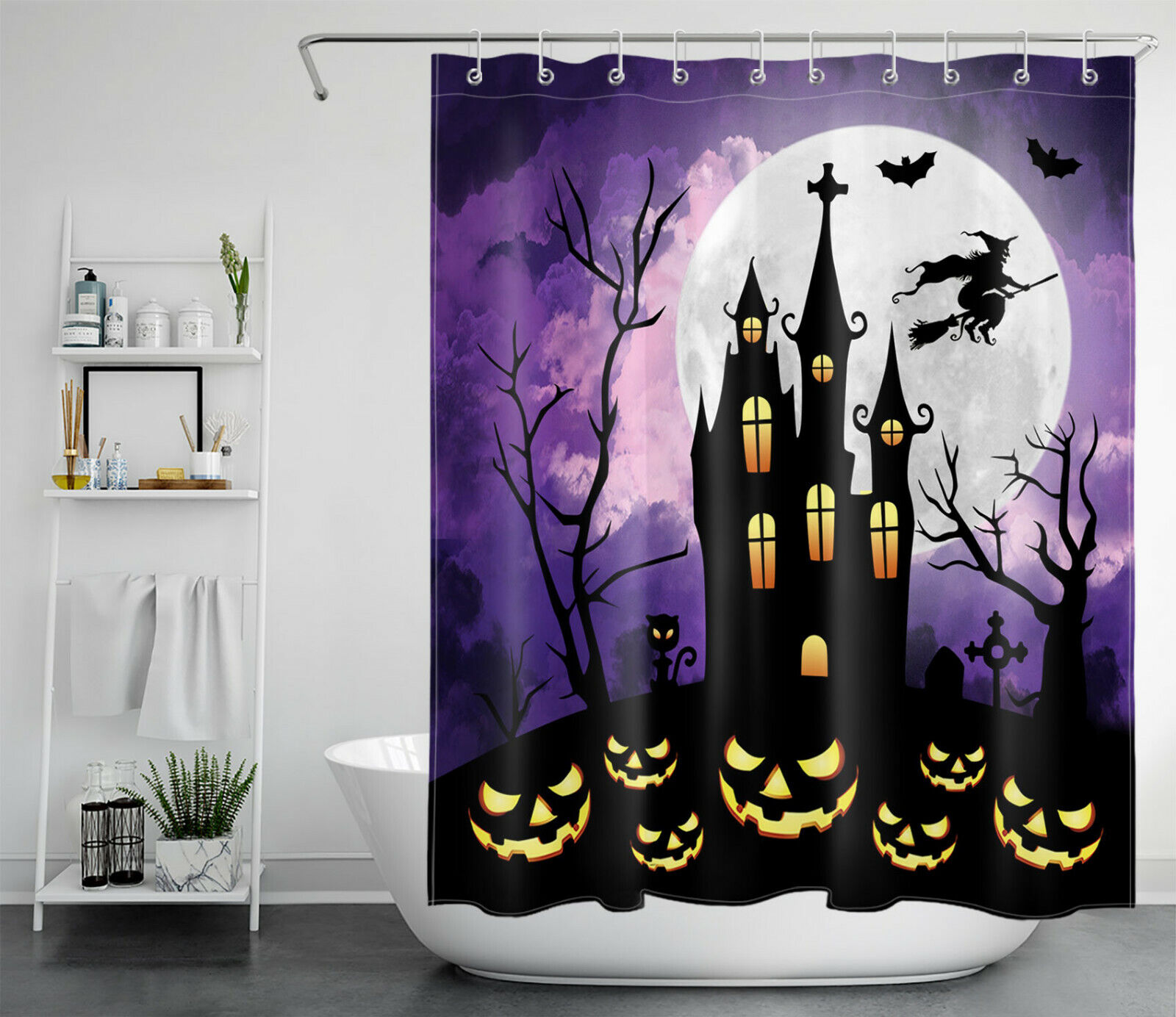 Moon Witch Castle Halloween Shower Curtain - Classic Halloween Theme