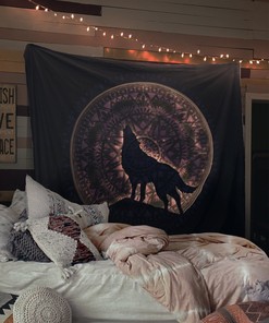 Moon Wolf Tapestry Wall Hanging - Blue and Pink Grunge Hippie Bathroom Decor