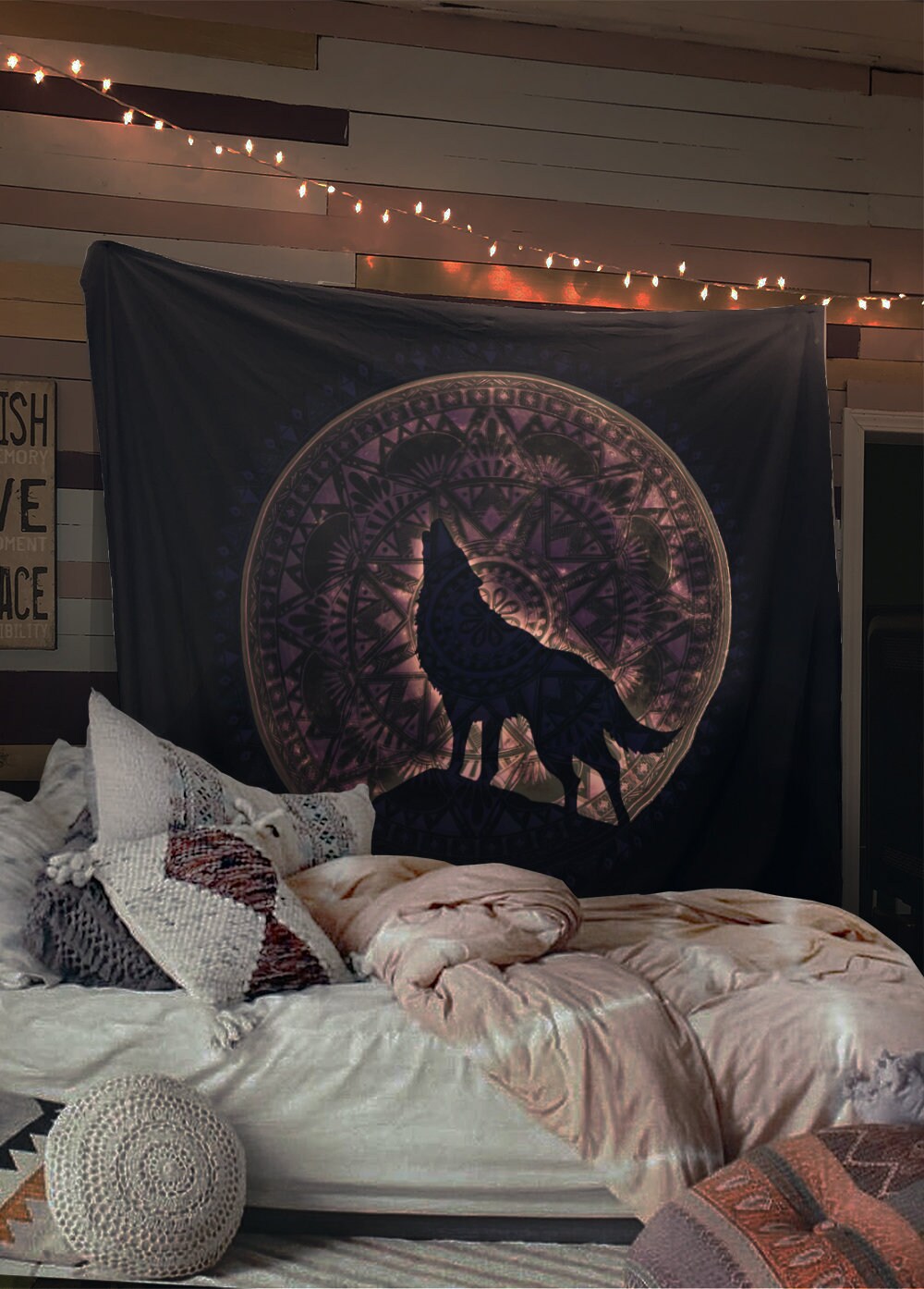 Moon Wolf Tapestry Wall Hanging - Blue and Pink Grunge Hippie Bathroom Decor