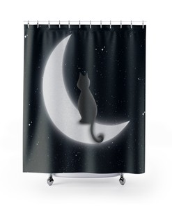 Moon and Cat Waterproof Shower Curtain with Starry Theme