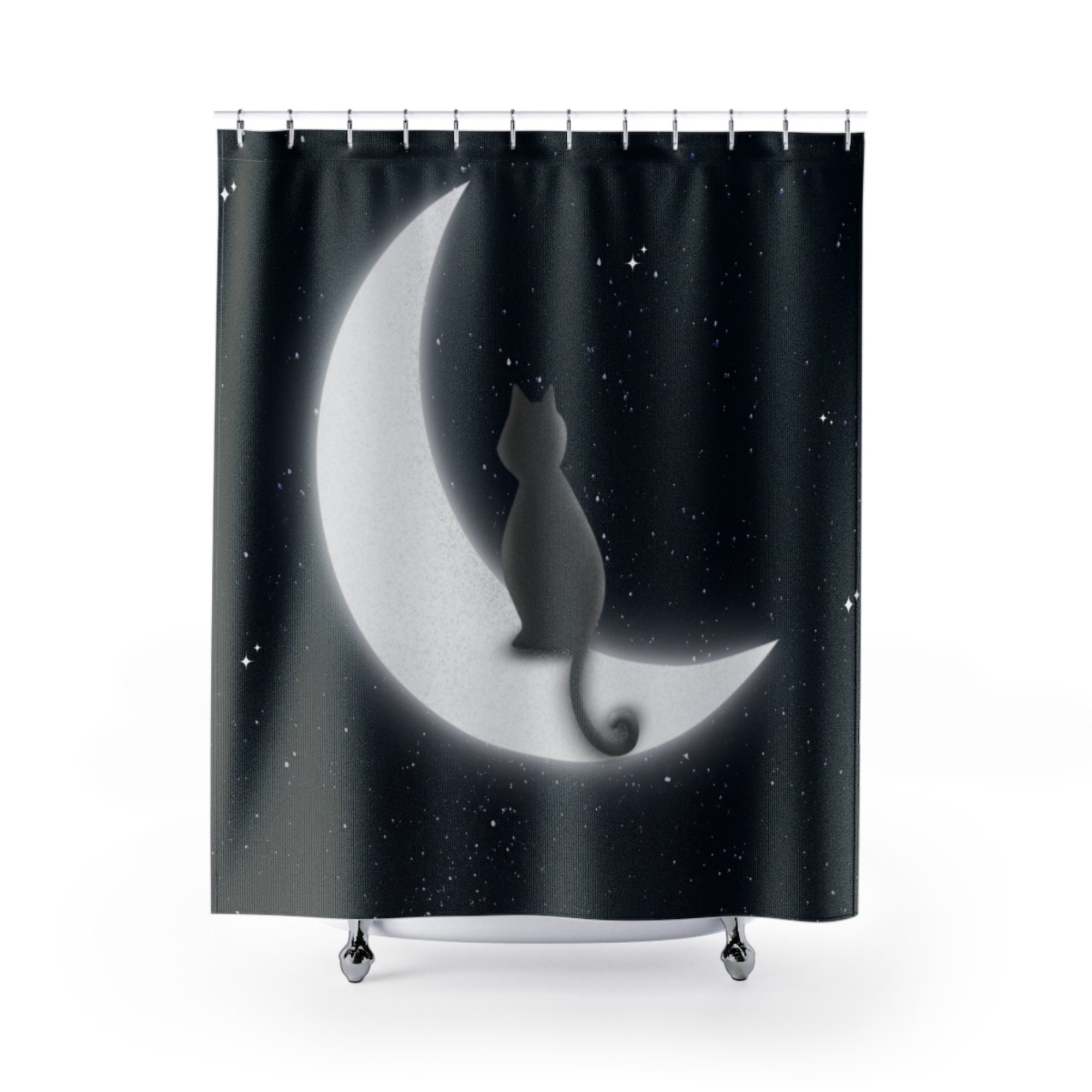 Moon and Cat Waterproof Shower Curtain with Starry Theme