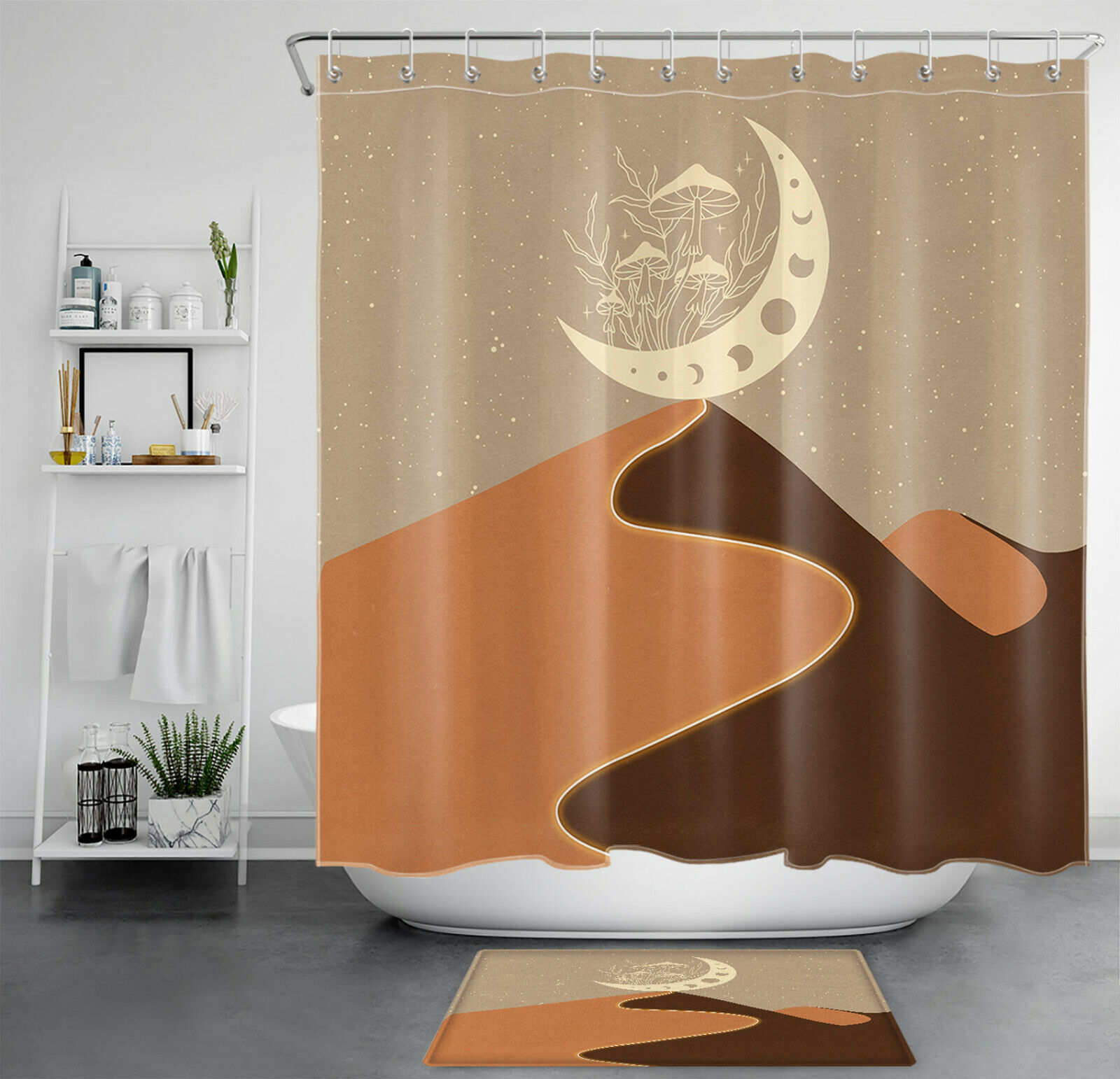 Moon and Mountain Minimalist Art Shower Curtain for Trippy Bathrooms