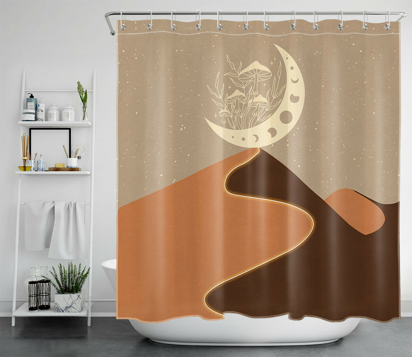 Moon and Mountain Minimalist Art Shower Curtain for Trippy Bathrooms