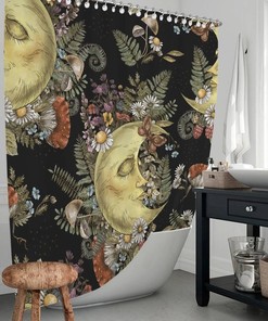Moon and Plant Flowers Print Shower Curtain: Gothic Grunge Floral Design for a Modern Bathroom