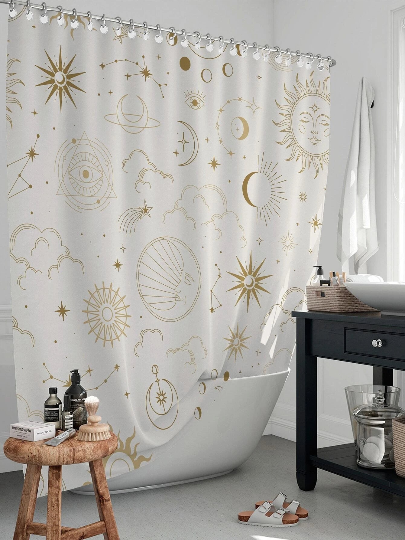 Moon and Star Constellation Print Shower Curtain - Celestial Bathroom Decor
