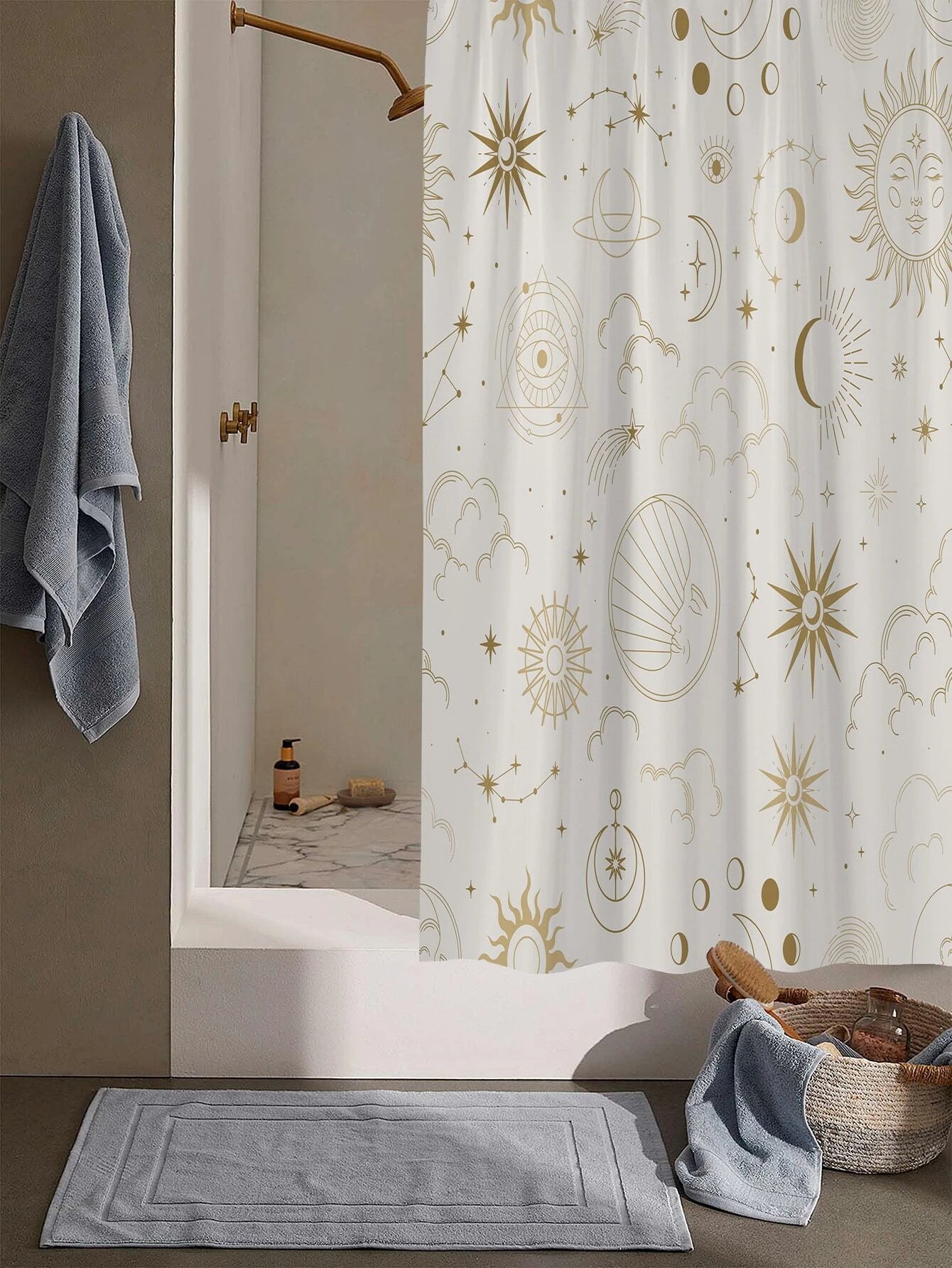 Moon and Star Constellation Print Shower Curtain - Celestial Bathroom Decor