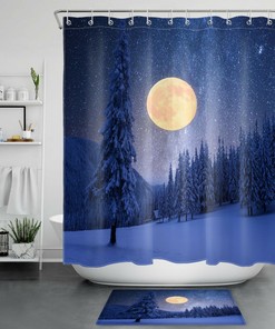 Moon and Starry Sky Winter Forest Shower Curtain for Bathroom Decor 