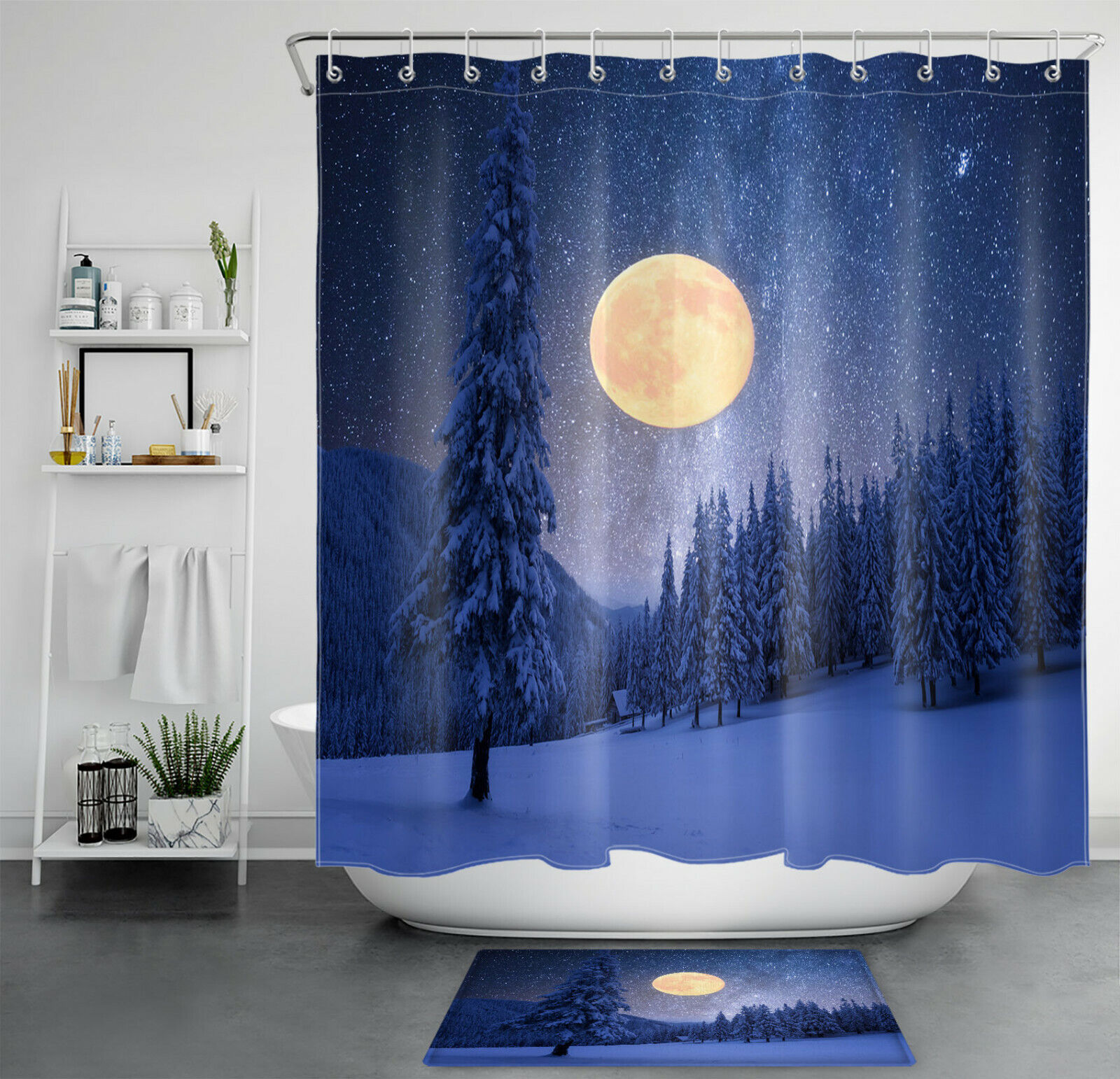Moon and Starry Sky Winter Forest Shower Curtain for Bathroom Decor