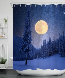Moon and Starry Sky Winter Forest Shower Curtain for Bathroom Decor
