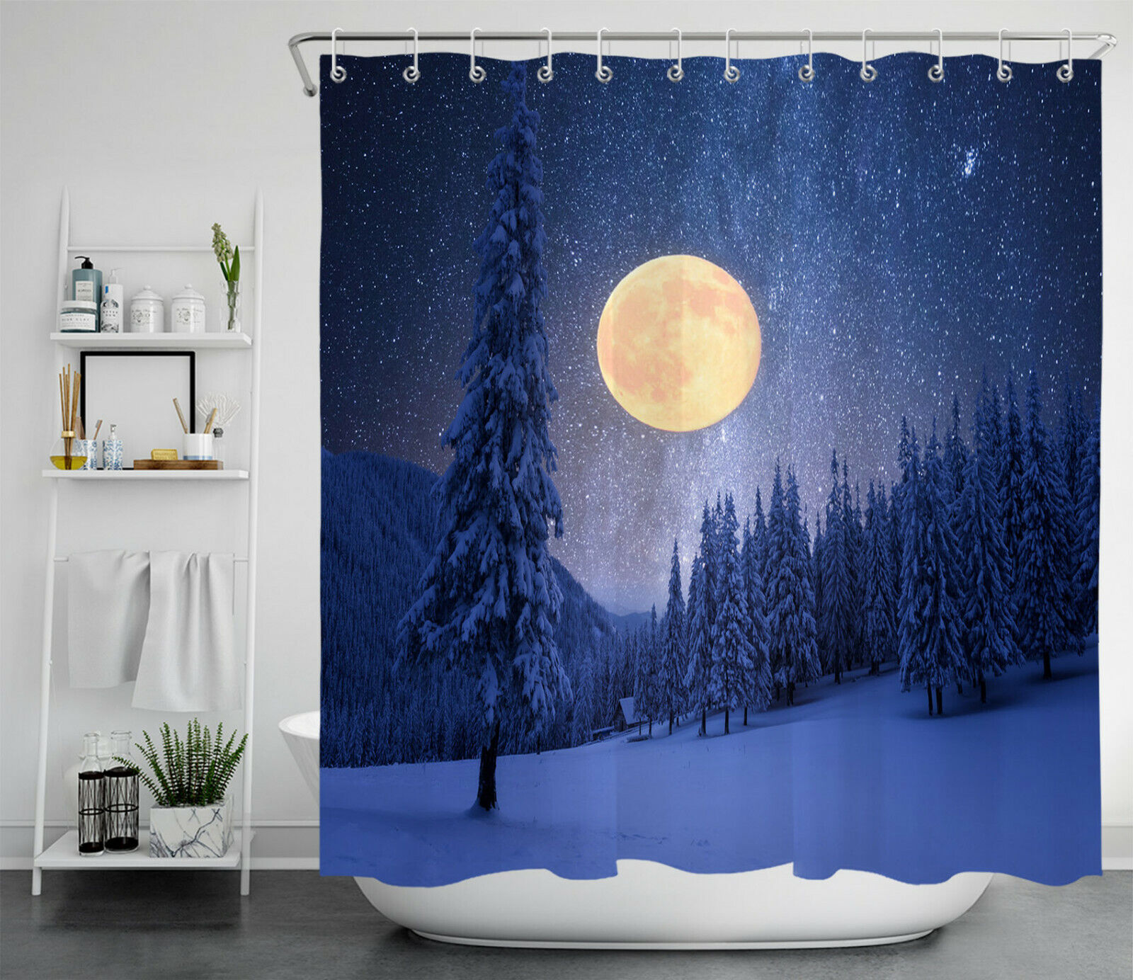 Moon and Starry Sky Winter Forest Shower Curtain for Bathroom Decor
