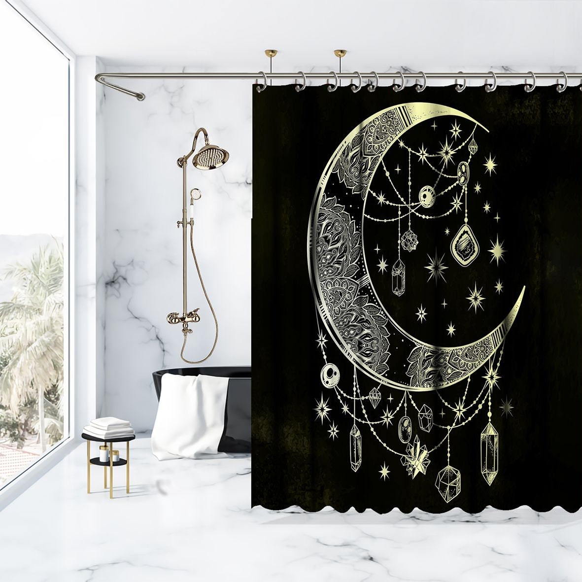 Moon and Stars Landscape Printed Waterproof Shower Curtain for Starry Night Bathroom Decor