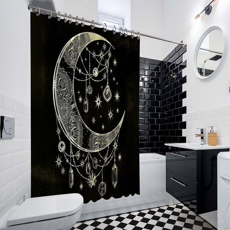 Moon and Stars Landscape Printed Waterproof Shower Curtain for Starry Night Bathroom Decor