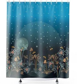 Moon and Stars Pollinator Shower Curtain with Beautiful Flowers