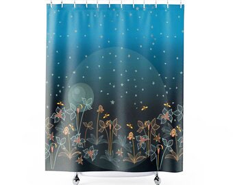 Moon and Stars Pollinator Shower Curtain with Beautiful Flowers