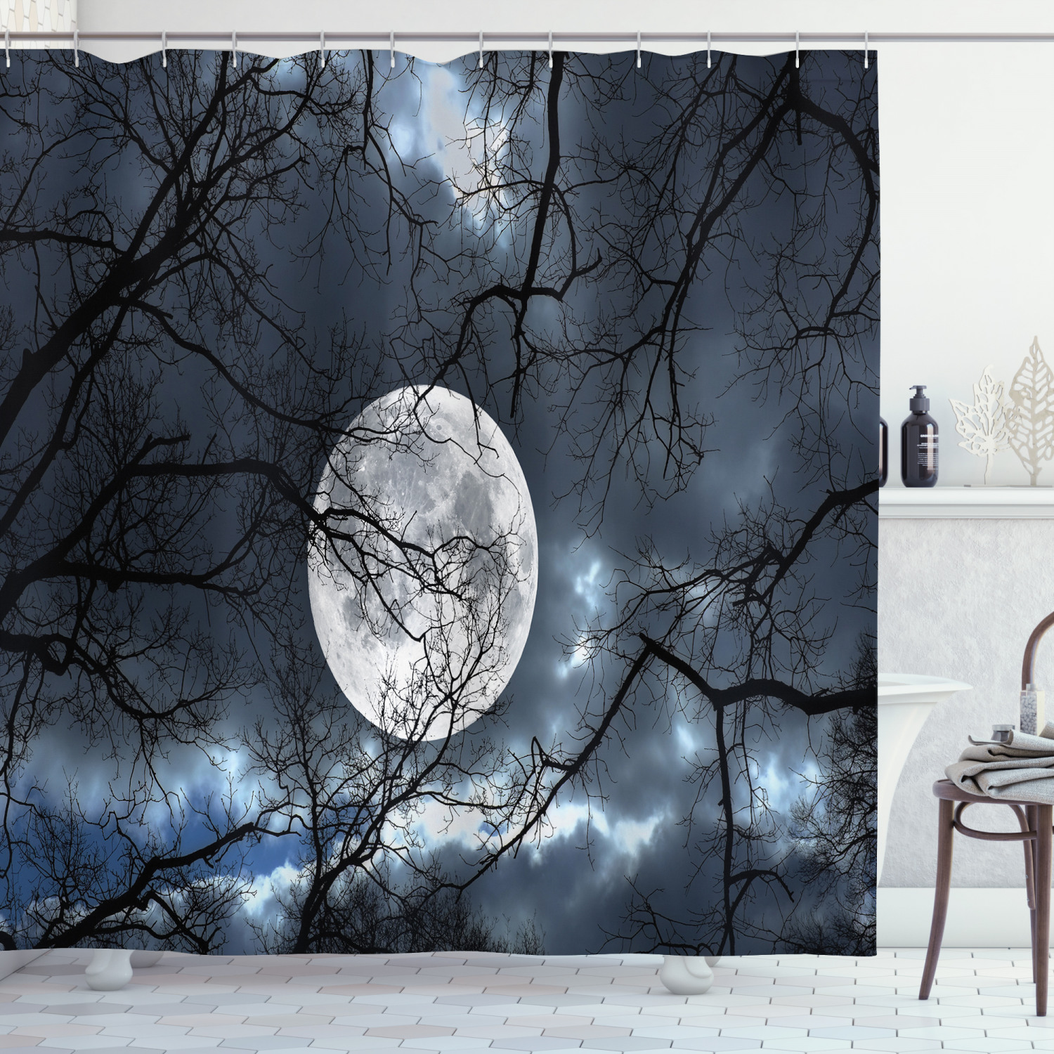 Moon at Night in Forest Winter Shower Curtain