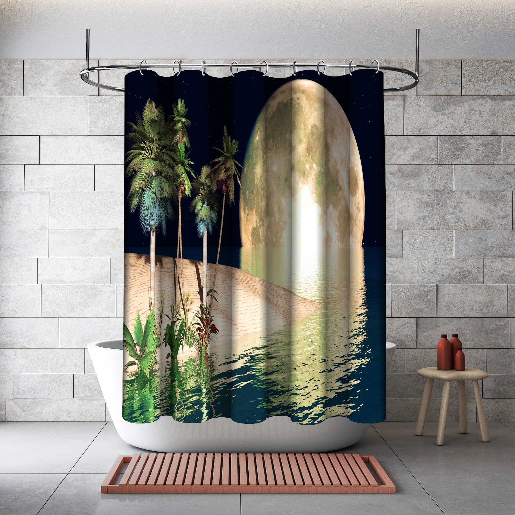 Moonlight Beach: Tropical Shower Curtain with Palm Trees for Beach Bathroom Decor