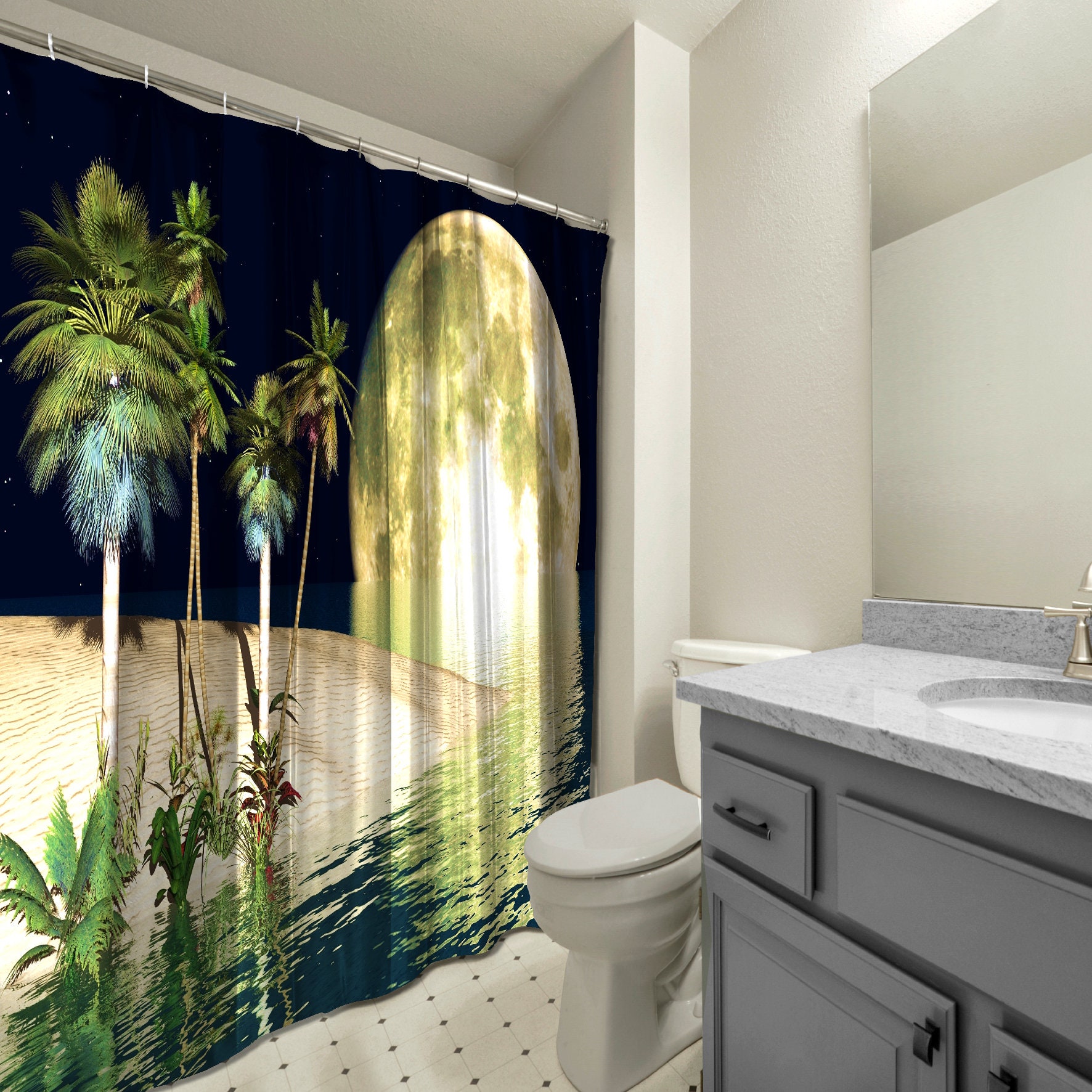 Moonlight Beach: Tropical Shower Curtain with Palm Trees for Beach Bathroom Decor