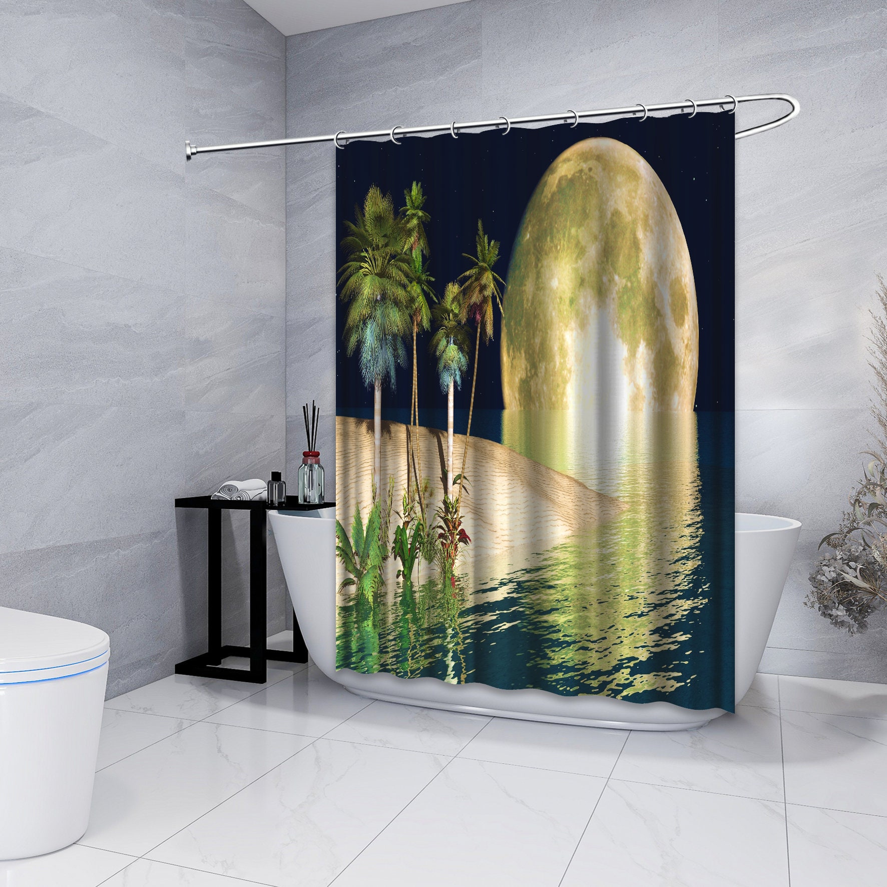 Moonlight Beach: Tropical Shower Curtain with Palm Trees for Beach Bathroom Decor