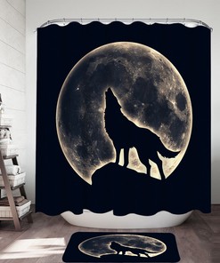 Moonlight Wolf and Trees Shower Curtain: Modern and Serene Bathroom Accessories with Celestial and Nordic Theme