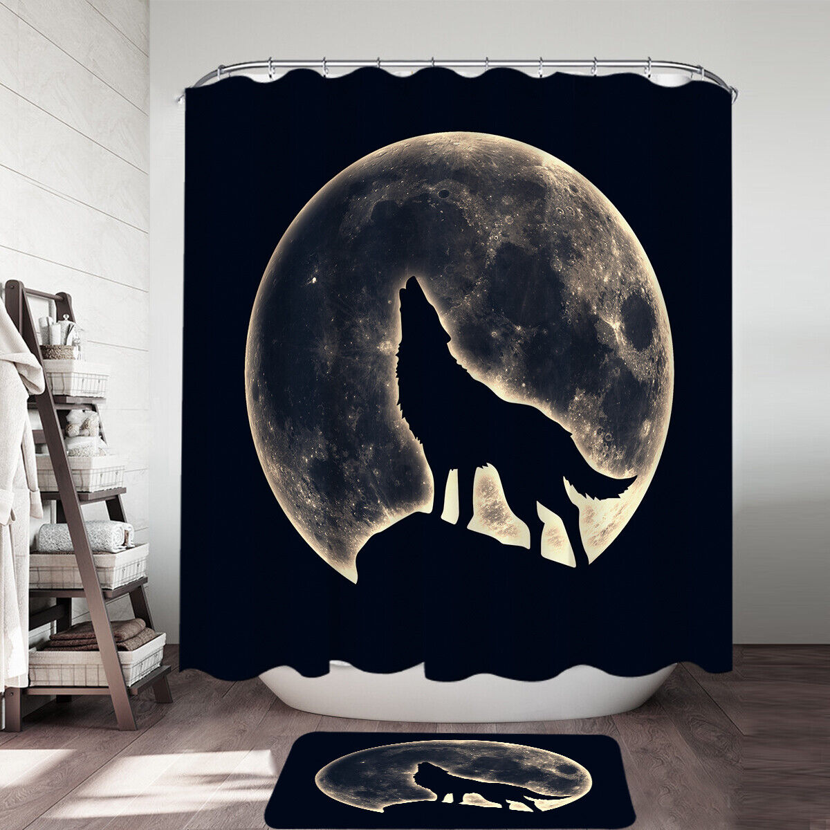 Moonlight Wolf and Trees Shower Curtain: Modern and Serene Bathroom Accessories with Celestial and Nordic Theme
