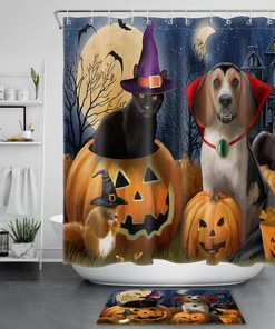 Moonlit Night With Wizard Cat And Dog On Halloween Pumpkin Shower Curtain