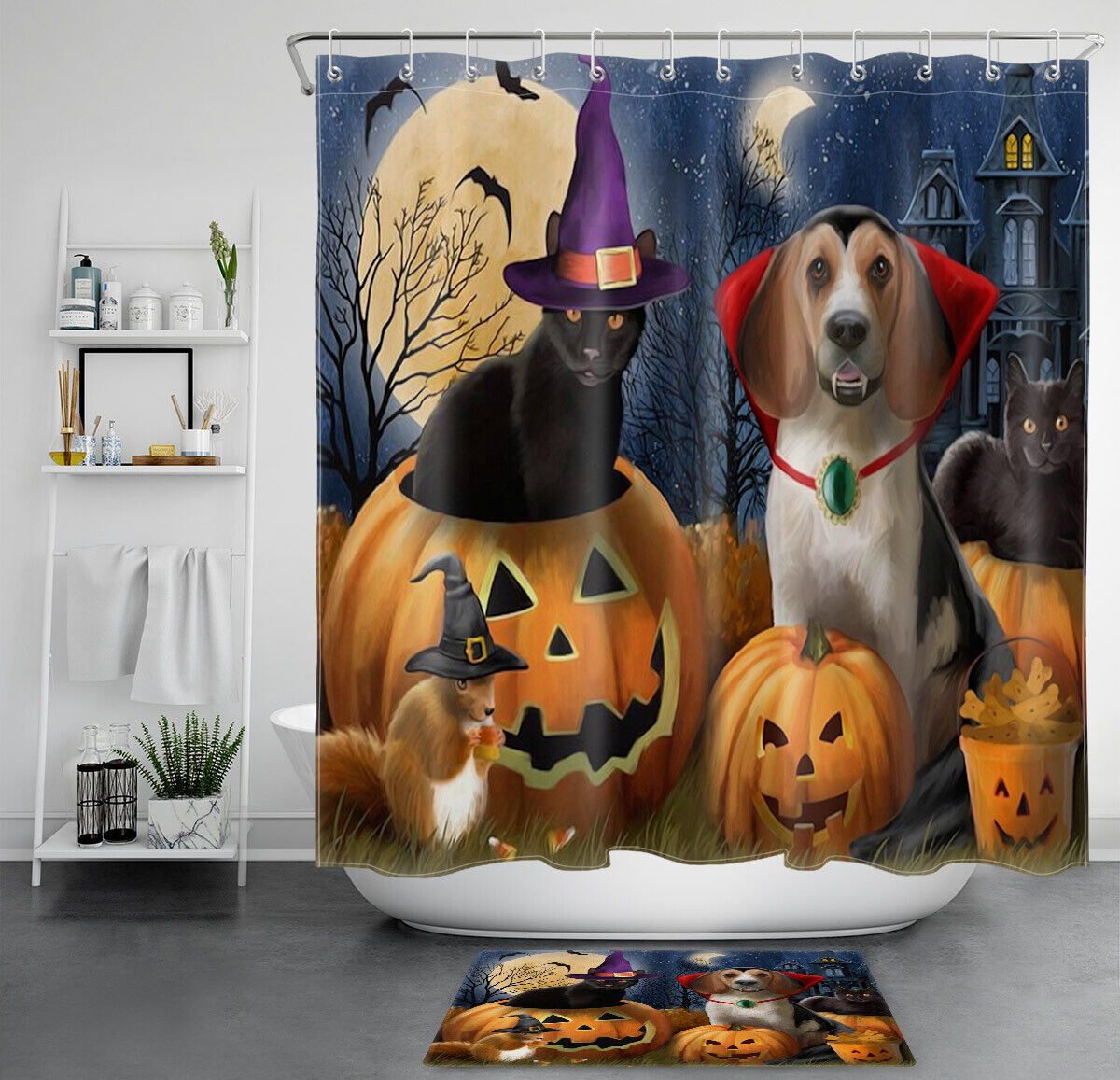 Moonlit Night With Wizard Cat And Dog On Halloween Pumpkin Shower Curtain