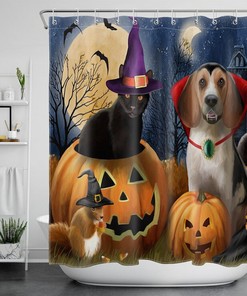 Moonlit Night With Wizard Cat And Dog On Halloween Pumpkin Shower Curtain