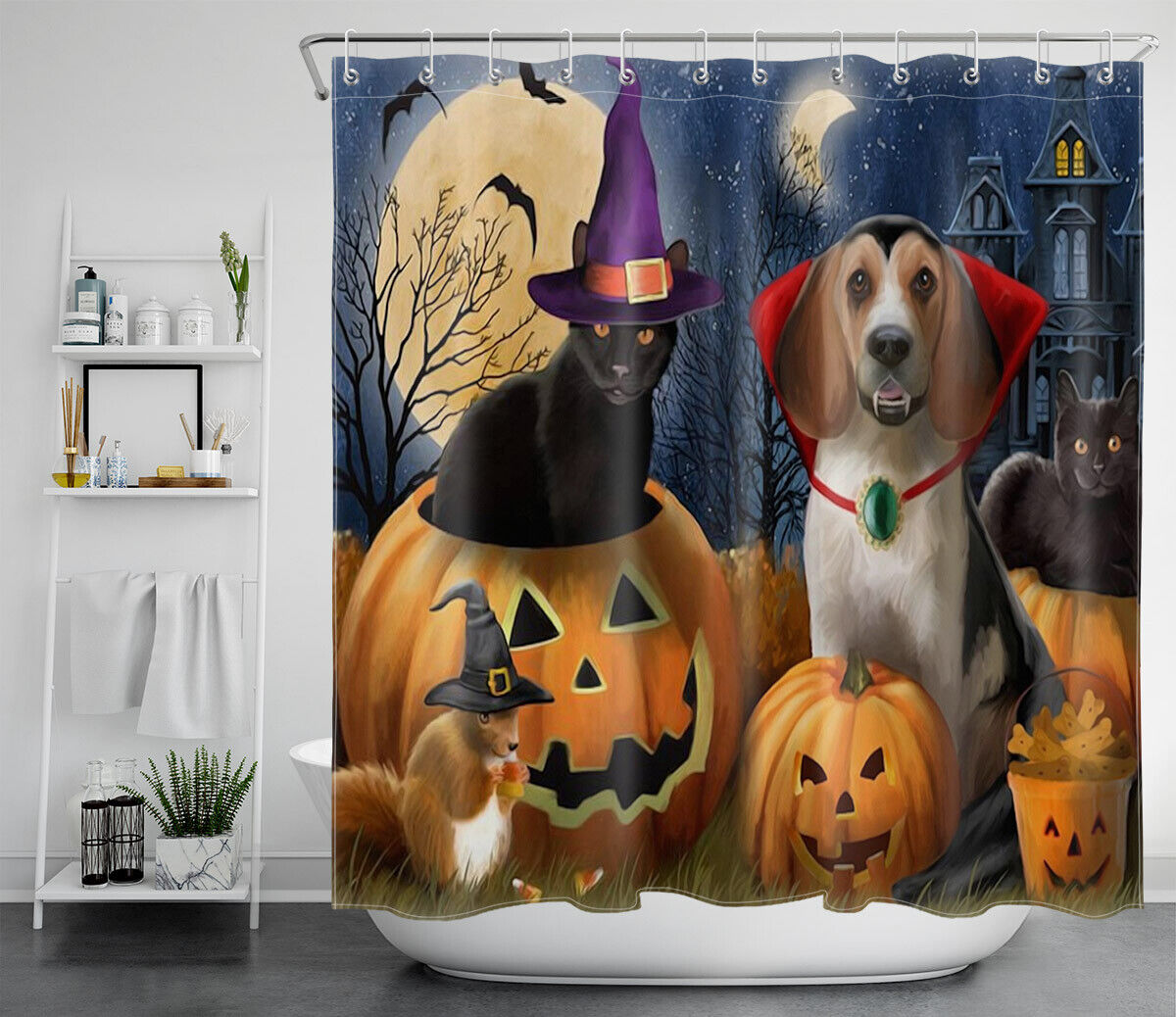 Moonlit Night With Wizard Cat And Dog On Halloween Pumpkin Shower Curtain