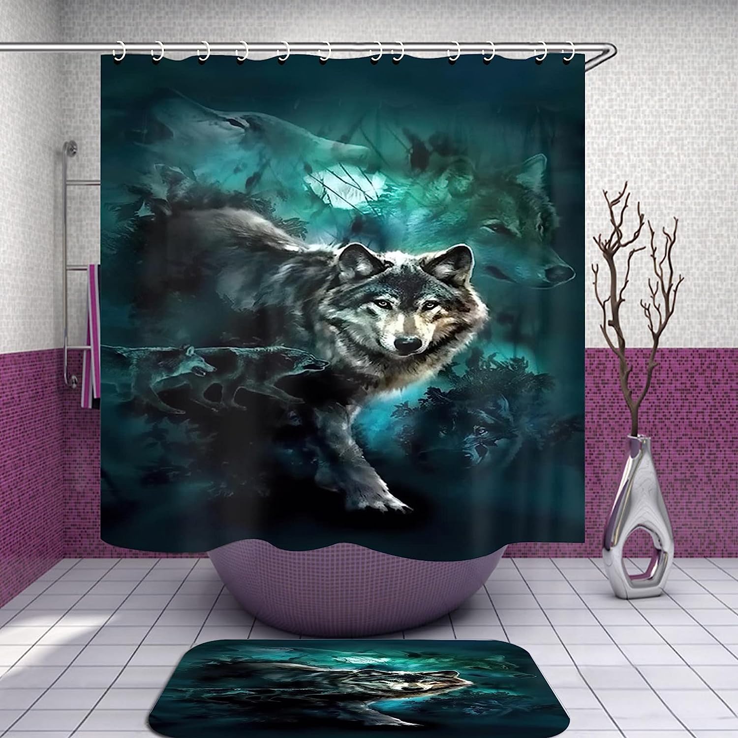 Moonlit Night Wolf Shower Curtain for Mysterious Bathroom Decor
