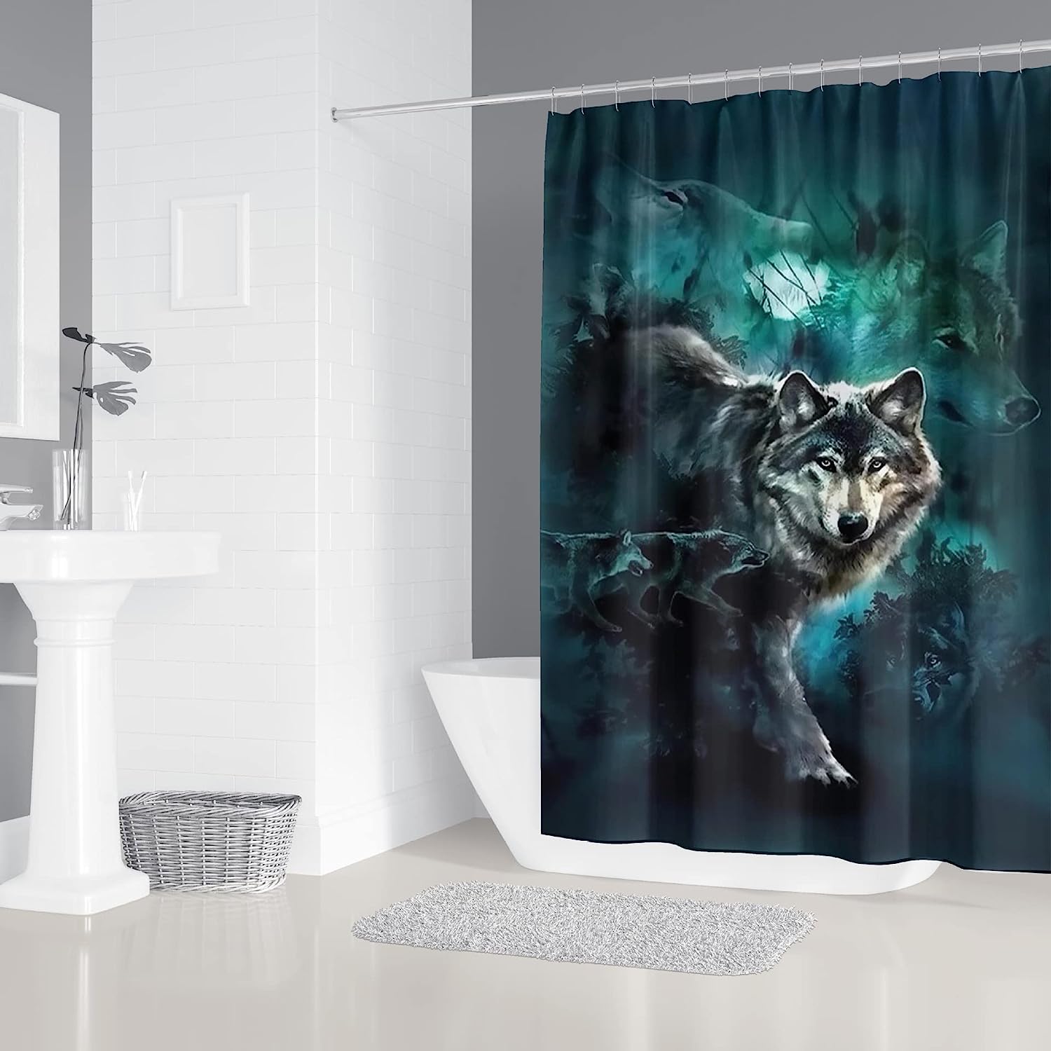 Moonlit Night Wolf Shower Curtain for Mysterious Bathroom Decor