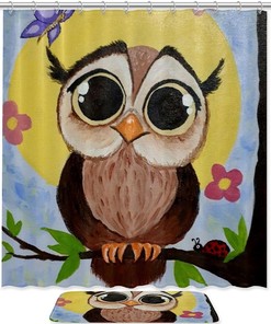Moonlit Owl Watercolor Shower Curtain, Waterproof Bathroom Decor