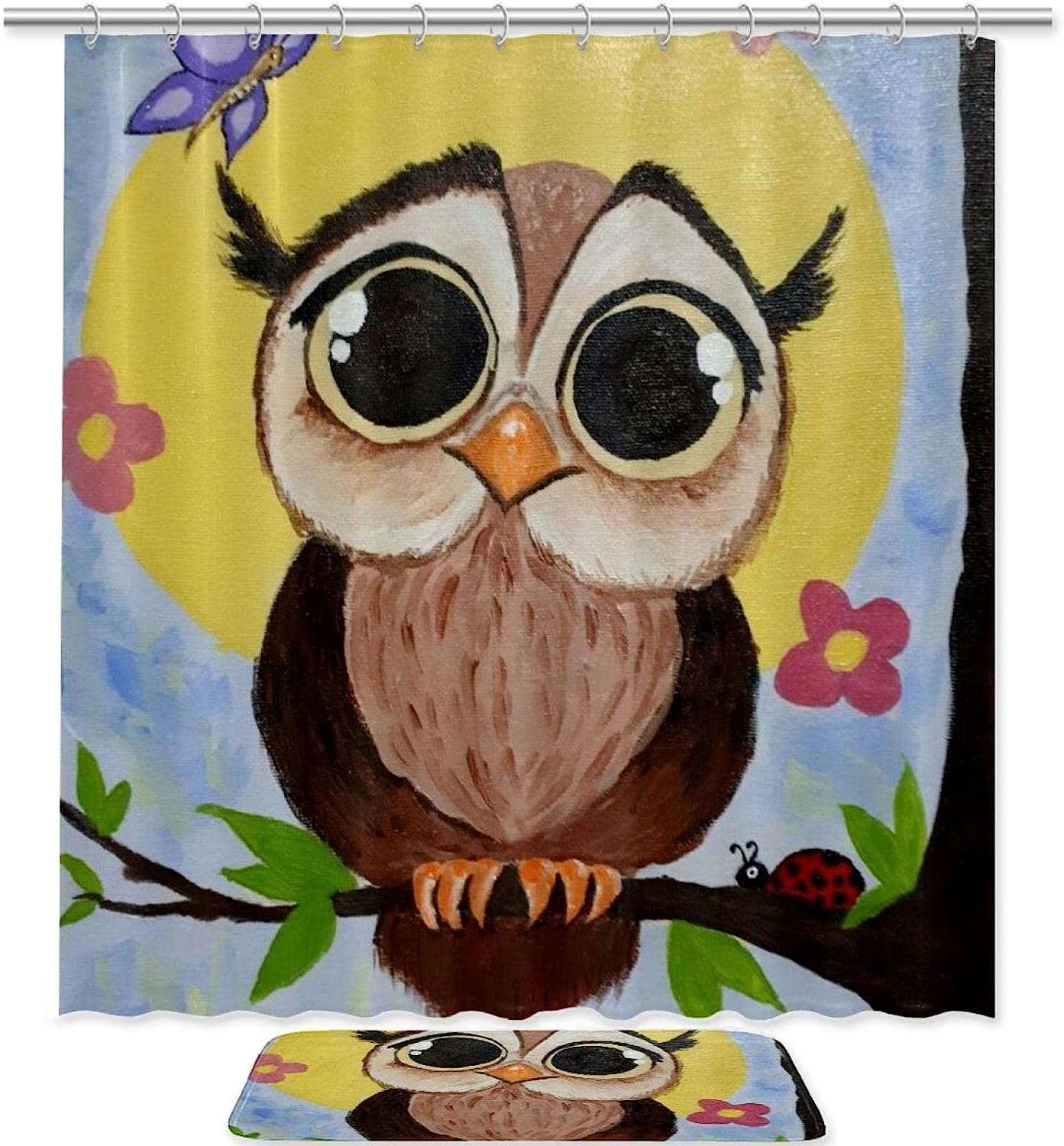 Moonlit Owl Watercolor Shower Curtain, Waterproof Bathroom Decor