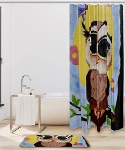 Moonlit Owl Watercolor Shower Curtain, Waterproof Bathroom Decor