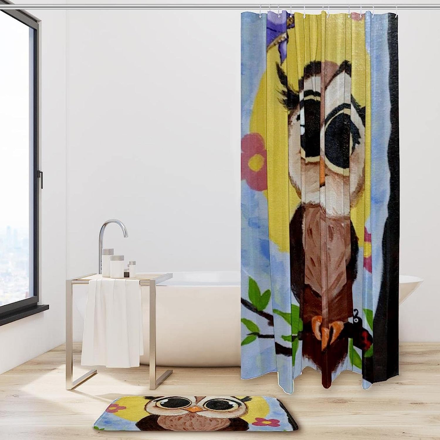 Moonlit Owl Watercolor Shower Curtain, Waterproof Bathroom Decor