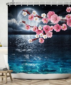 Moonlit Pink Flower Shower Curtain with Night Seascape for a Dreamy Bathroom