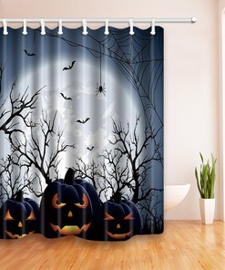 Moonlit Pumpkin Bat Halloween Shower Curtain, Spooky Bathroom Decor
