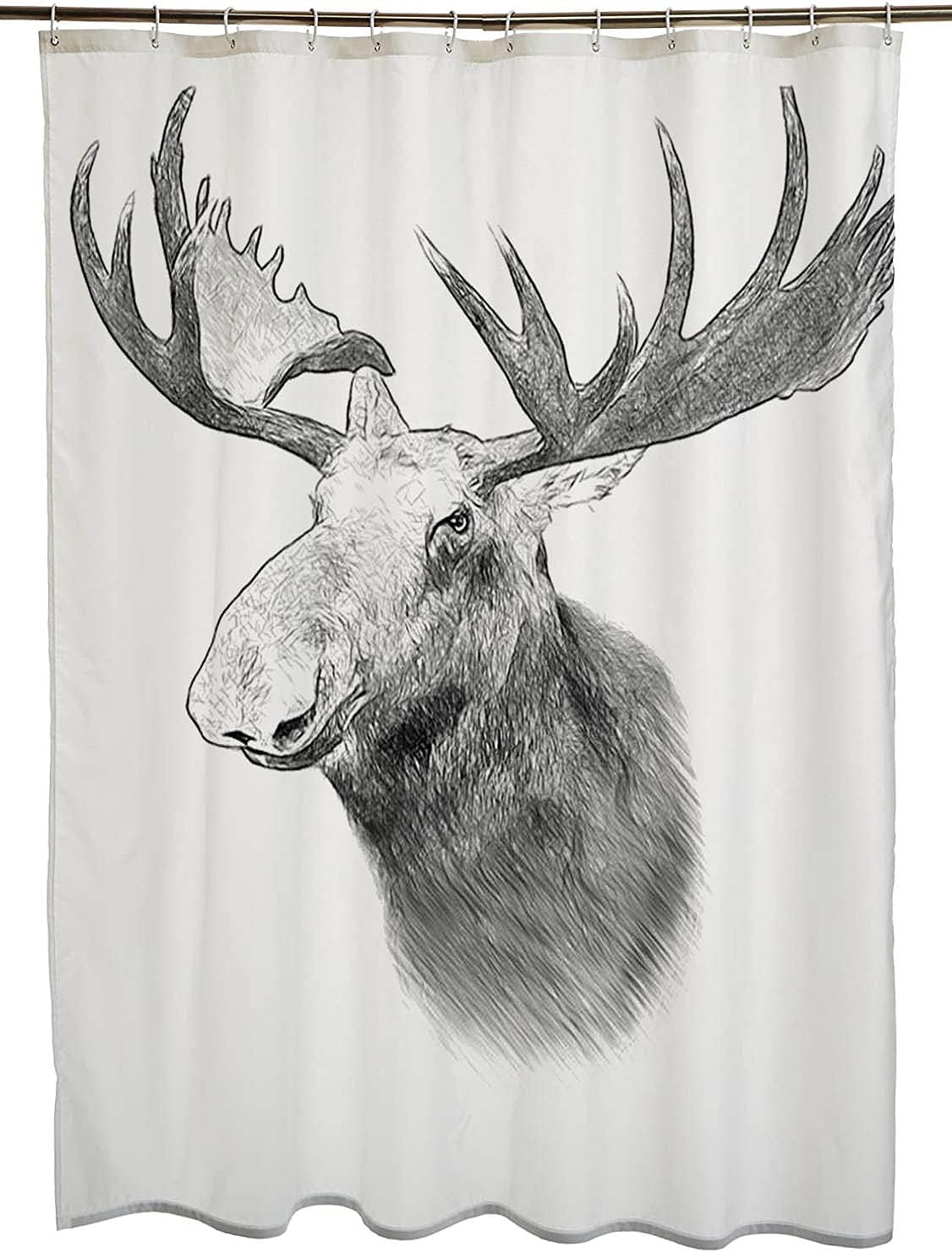 Moose Cover Drawing Graphic on Drawn Stag Symbol Fur Zoology White Draw Mearklwd Fabric Waterproof Shower Curtain