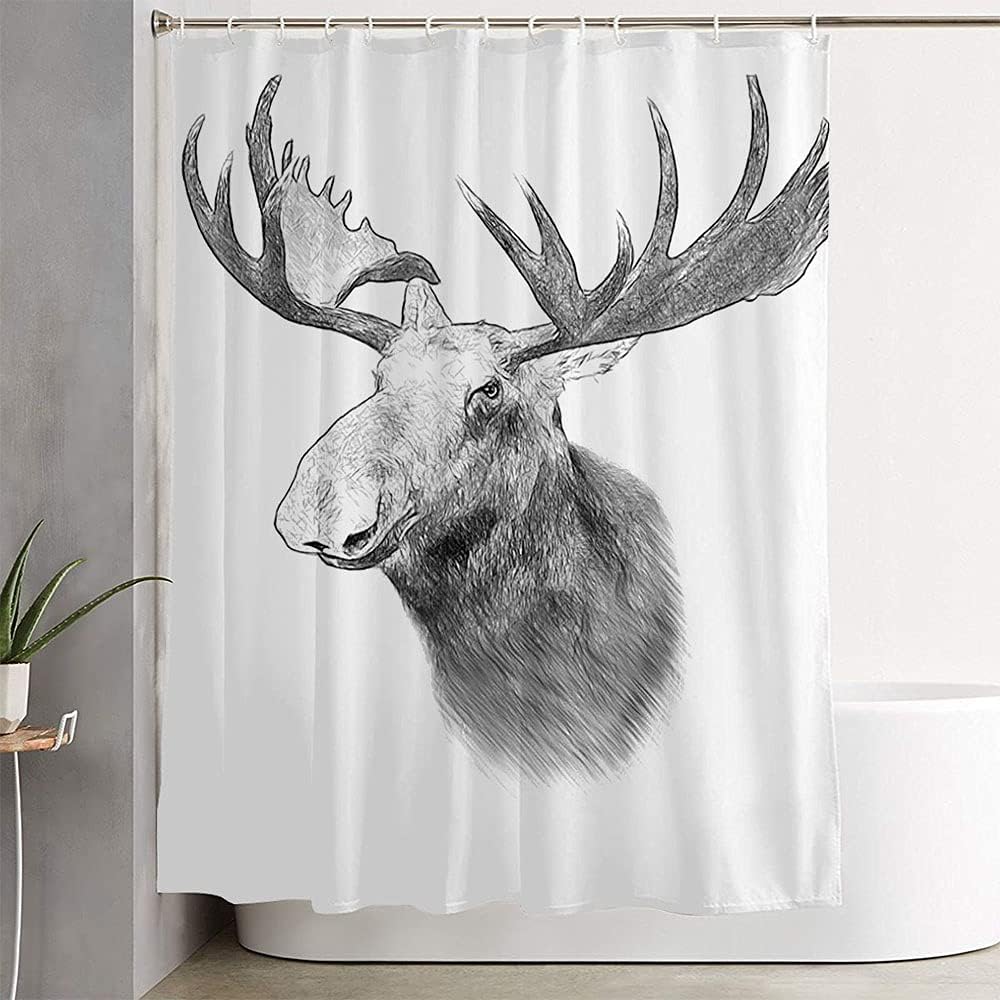 Moose Cover Drawing Graphic on Drawn Stag Symbol Fur Zoology White Draw Mearklwd Fabric Waterproof Shower Curtain