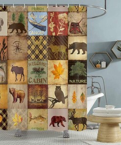 Moose Lake Country Lodge Cabin Fabric Shower Curtain with Bear and Pine Trees