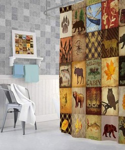 Moose Lake Country Lodge Cabin Fabric Shower Curtain with Bear and Pine Trees