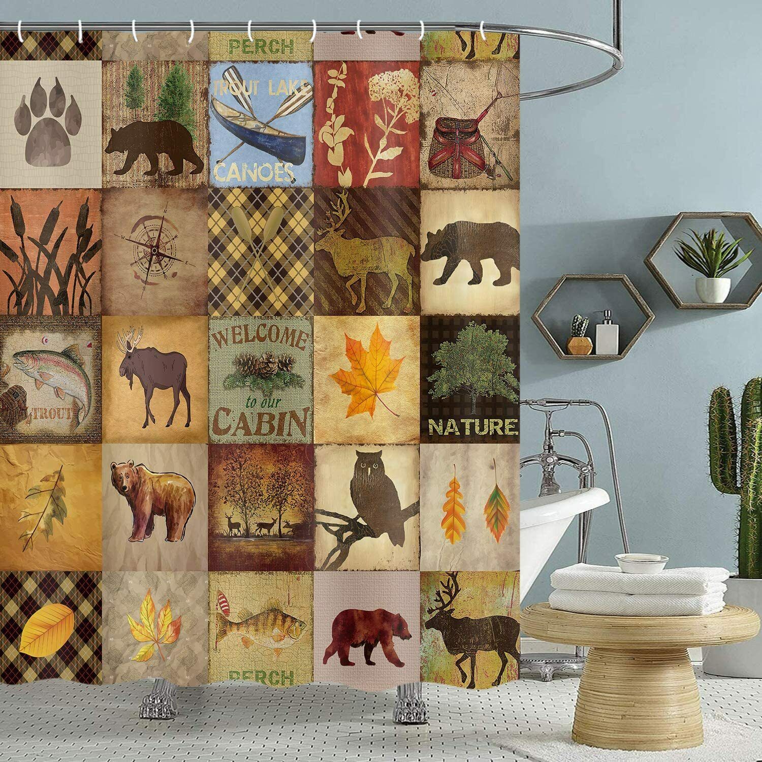 Moose Lake Country Lodge Cabin Shower Curtain with Bear and RV Print
