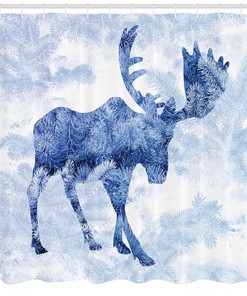 Moose Print Blue Winter Antlers Waterproof Shower Curtain