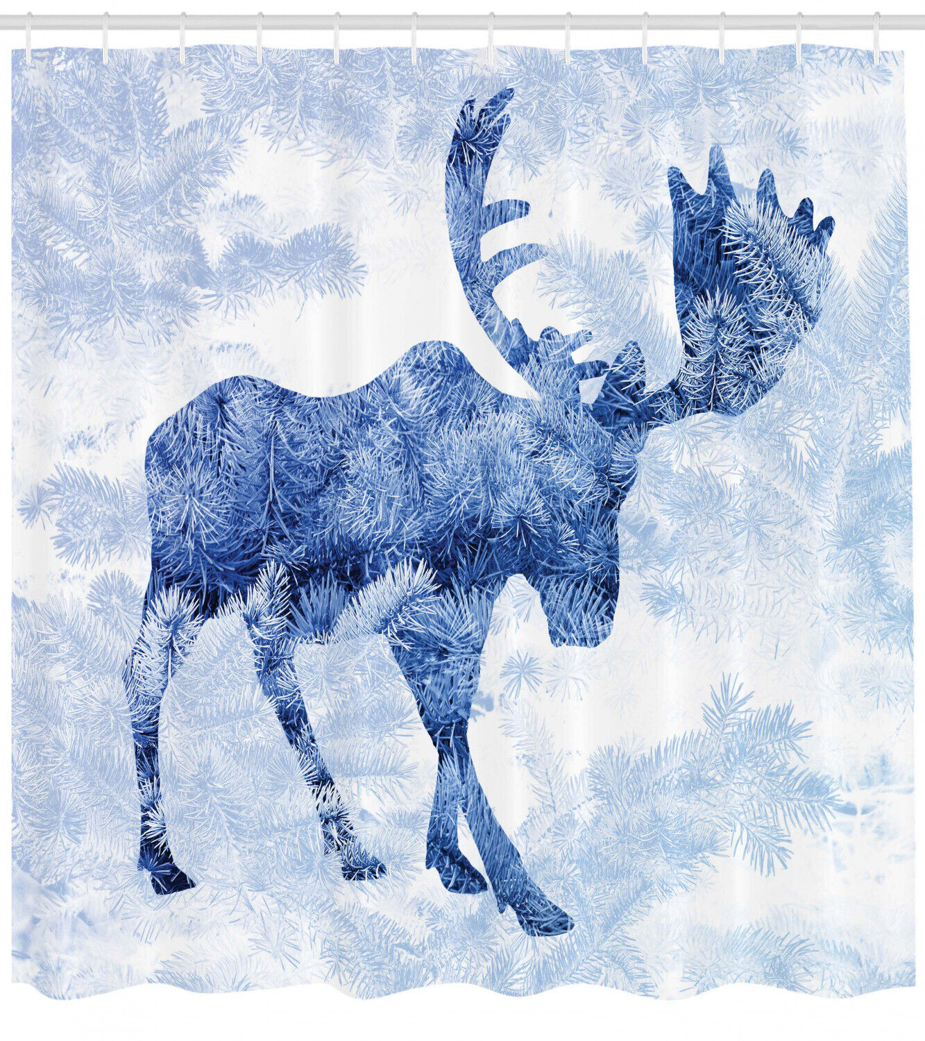 Moose Print Blue Winter Antlers Waterproof Shower Curtain