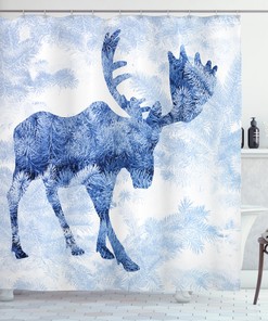Moose Print Blue Winter Antlers Waterproof Shower Curtain