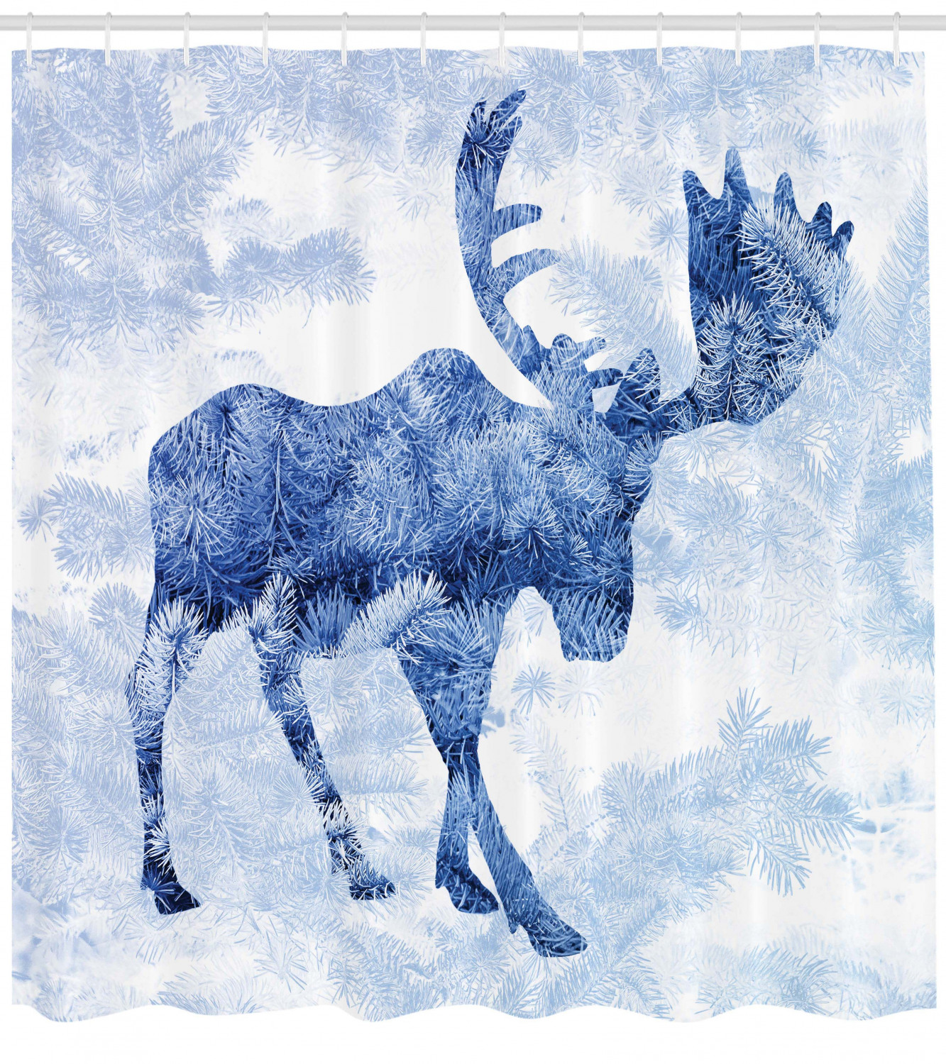 Moose Print Blue Winter Antlers Waterproof Shower Curtain
