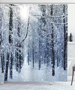 Morning Scenery In Snow Covered Forest Idyllic Winter Shower Curtain, Black White Slate Blue Decor
